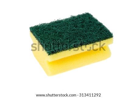 Yellow cleaning sponge with scrub isolated on white background Royalty-Free Stock Photo #313411292