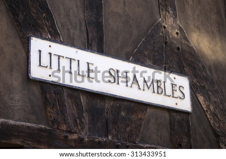 Street sign for Little Shambles in York, England.