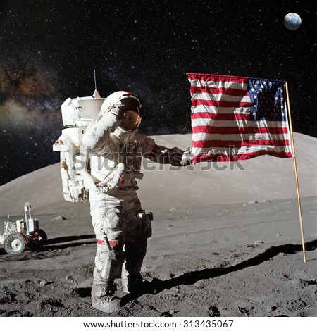 Astronaut on lunar (moon) landing mission. Elements of this image furnished by NASA. Royalty-Free Stock Photo #313435067
