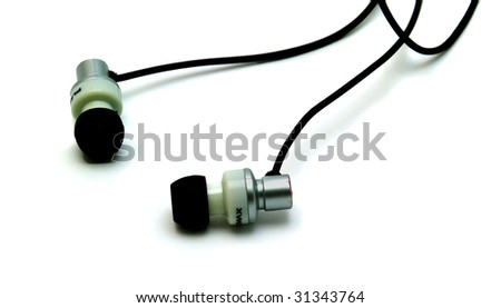 A pair of ear-bud headphones isolated on a white background.