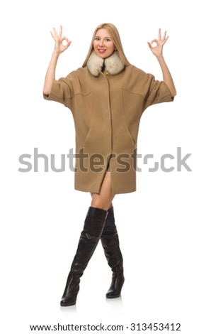 Blond hair girl in coat isolated on white