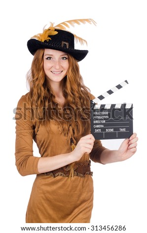 Girl in hat holding clapperboard isolated on white