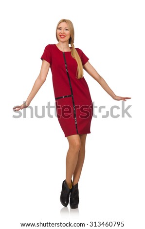 Blond hair woman in bordo dress isolated on white