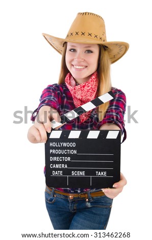 Woman holding clapperboard isolated on white