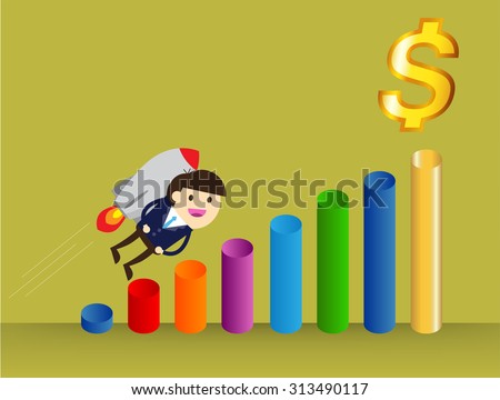 businessman jump over growing chart. money chart. vector illustration. lamp idea. infographics. marketing, victory. Ladder to success. walk. goal. graphic. stair. icon.rocket. fly air