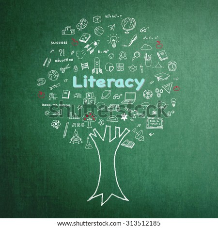 International literacy day concept with Tree of knowledge and education on green chalkboard Royalty-Free Stock Photo #313512185