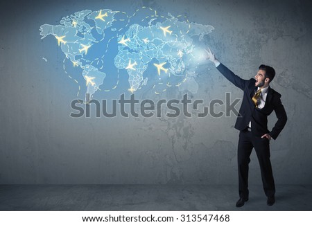 Business person showing digital blue map with planes around the world concept