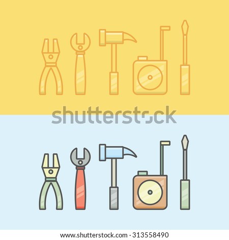 Vector collection of renovation icons. Linear and color elements including pliers, wrench, hammer, tape measure, screwdriver. Two colorful concepts perfect for web design, advertising, banners.