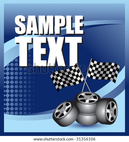 racing checkered flags and tires on blue halftone vertical banner