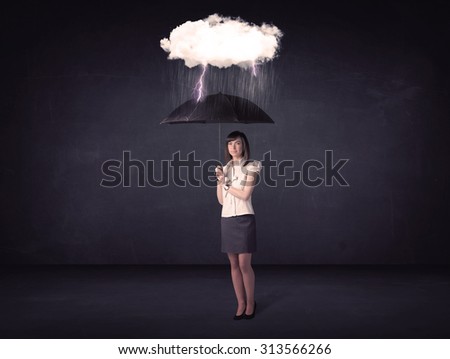 Businesswoman standing with umbrella and little storm cloud concept on background