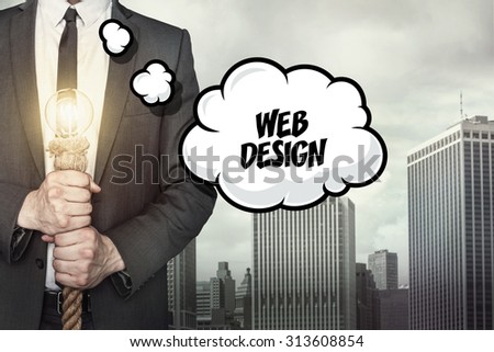 Web design text on speech bubble with businessman holding lamp on city background