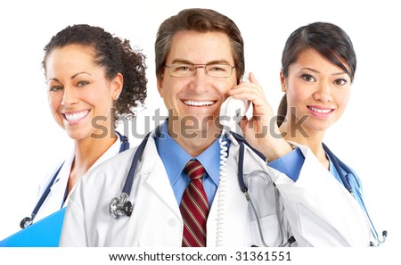 Smiling medical doctors with stethoscope. Isolated over white background