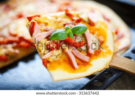 baked pizza with bacon, eggplant and cheese
