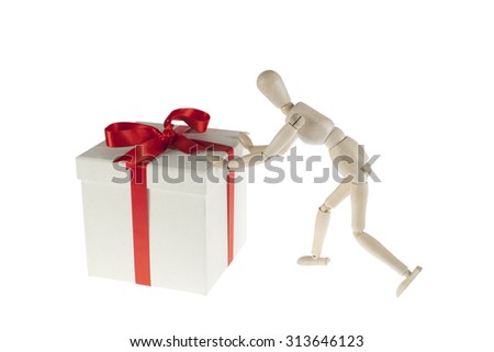 Wooden model carry gift box - Stock Image