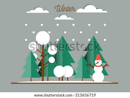 Nature, winter landscape with Christmas trees, snowmen, snow drifts. Happy New Year card Royalty-Free Stock Photo #313656719