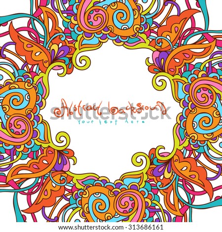 Hand drawn vector psycedelic background. Colorful doodle design for cards and invitations. Funky decorative template.