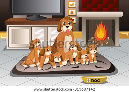 A vector illustration of a mother dog with her little puppies around her
