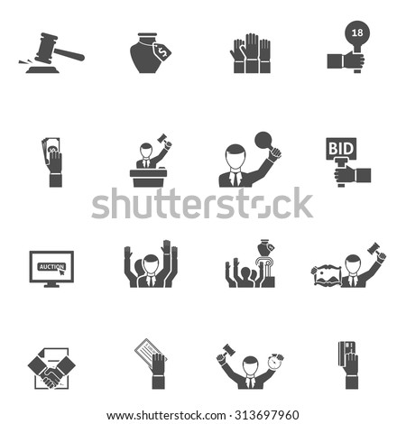 Auction black white icons set with bids internet vase and painting flat isolated vector illustration  Royalty-Free Stock Photo #313697960