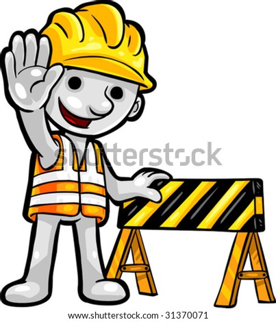 Vector, Clip Art illustration of Smartoon construction worker standing next to a construction barrier, smile, raising his hand in a stop signal.