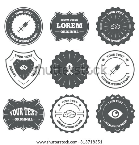 Vintage emblems, labels. Medicine icons. Syringe, eye, brain and ribbon signs. Breast cancer awareness symbol. Human intelligent smart mind. Design elements. Vector