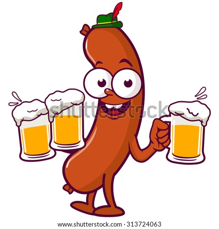 Cartoon sausage with a traditional German hat serving cold glasses of beer at Oktoberfest. Vector illustration
