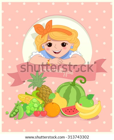 Pretty Girl with Healthy Food. Retro stylized Illustration.