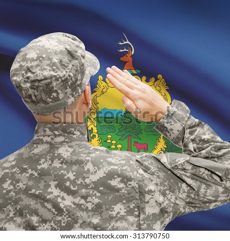 Soldier saluting to USA state flag conceptual series - Vermont