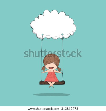 Cartoon girl swinging on a cloud, hand drawn vector
