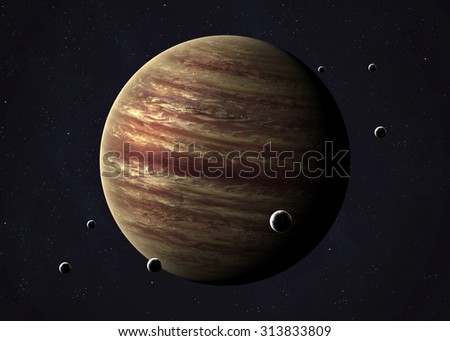 Colorful picture represents Jupiter and its moons. Elements of this image furnished by NASA.