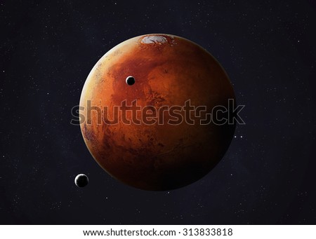 Colorful picture represents Mars and its moons. Elements of this image furnished by NASA.