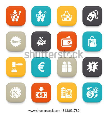 Commerce flat icons with color buttons.