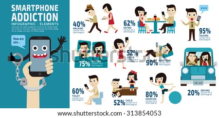 smartphone addiction. bad lifestyle concept. infographic element. vector flat icons cartoon character design. banner header. illustration. isolated on white and blue background. Royalty-Free Stock Photo #313854053