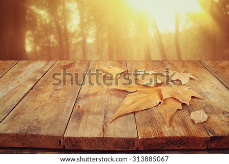 autumn background of fallen leaves over wooden table and forest background with lens flare and sunset