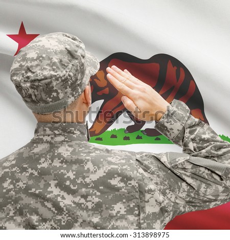 Soldier saluting to USA state flag conceptual series - California