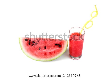 sliced watermelon and juice on a white background