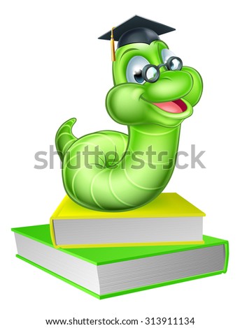 Cute smiling green cartoon caterpillar worm bookworm mascot wearing glasses and graduation hat with books