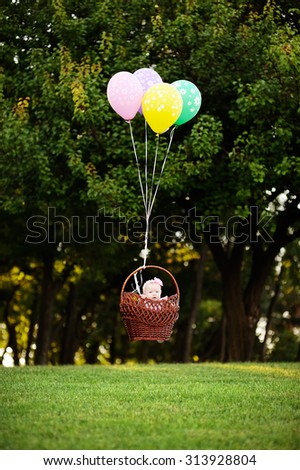 baby girl flying in a basket with colored balloons. The baby in a basket on a background of trees.