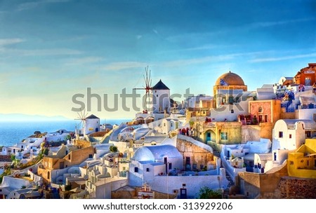 HDR image from the famous view over the village of Oia at the Island Santorini, Greece Royalty-Free Stock Photo #313929206