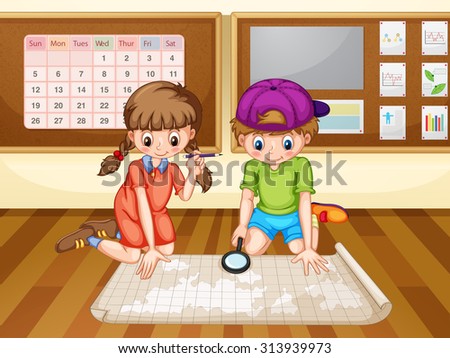 Boy and girl looking at the map illustration