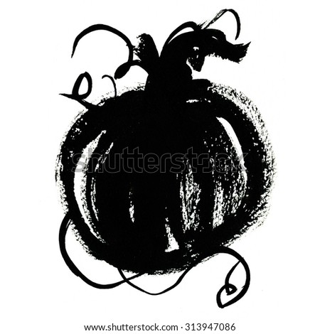 Art freehand watercolor sketch illustration of one black halloween or cinderella pumpkin vegetable on white background