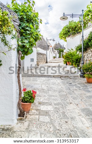 The Trulli of Alberobello in Apulia in Italy. These typical houses with dry stone walls and conical roofs are unique to the world and projecting this place outside of time and reality