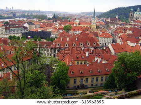  View of the rooftops of the old and well-preserved city of Prague.