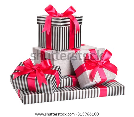 striped and grey boxes with bows isolated on white.