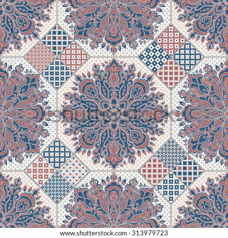 Vector seamless patchwork pattern from indigo blue, terracotta, ivory and light grey oriental ornaments, Indian style decorative rosette from stylized flowers and leaves. Textile print, album cover