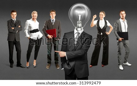 Idea concept. Lamp Head and Business team against different backgrounds