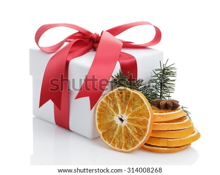 christmas decorations with present, isolated on white