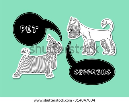 Logo pet beauty grooming salon. Illustration with Yorkshire Terriers. Vector pet grooming logo. Dog groomer logo. Dog care salon logo.