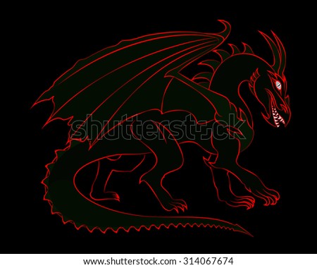 Dragon Silhouette. Red Sketch on Dark Background