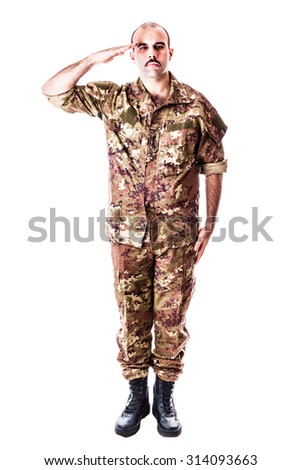 a young soldier with camouflage uniform isolated over a white background