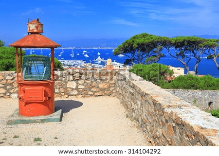 Light beacon on upper terrace of medieval fortress in Saint Tropez, French Riviera, France